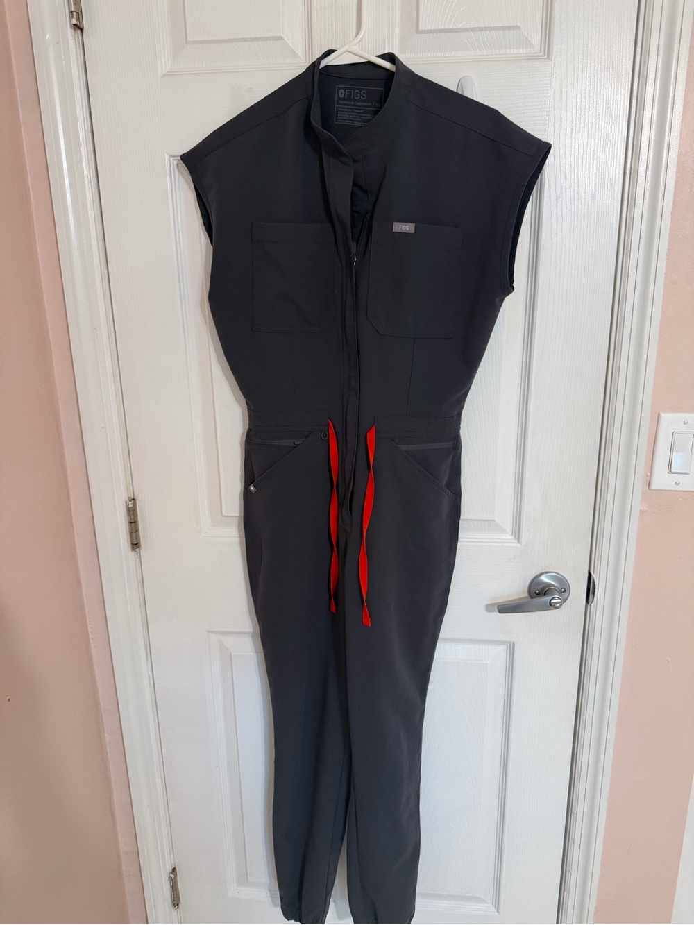Figs Black Jumpsuit with Red Drawstrings